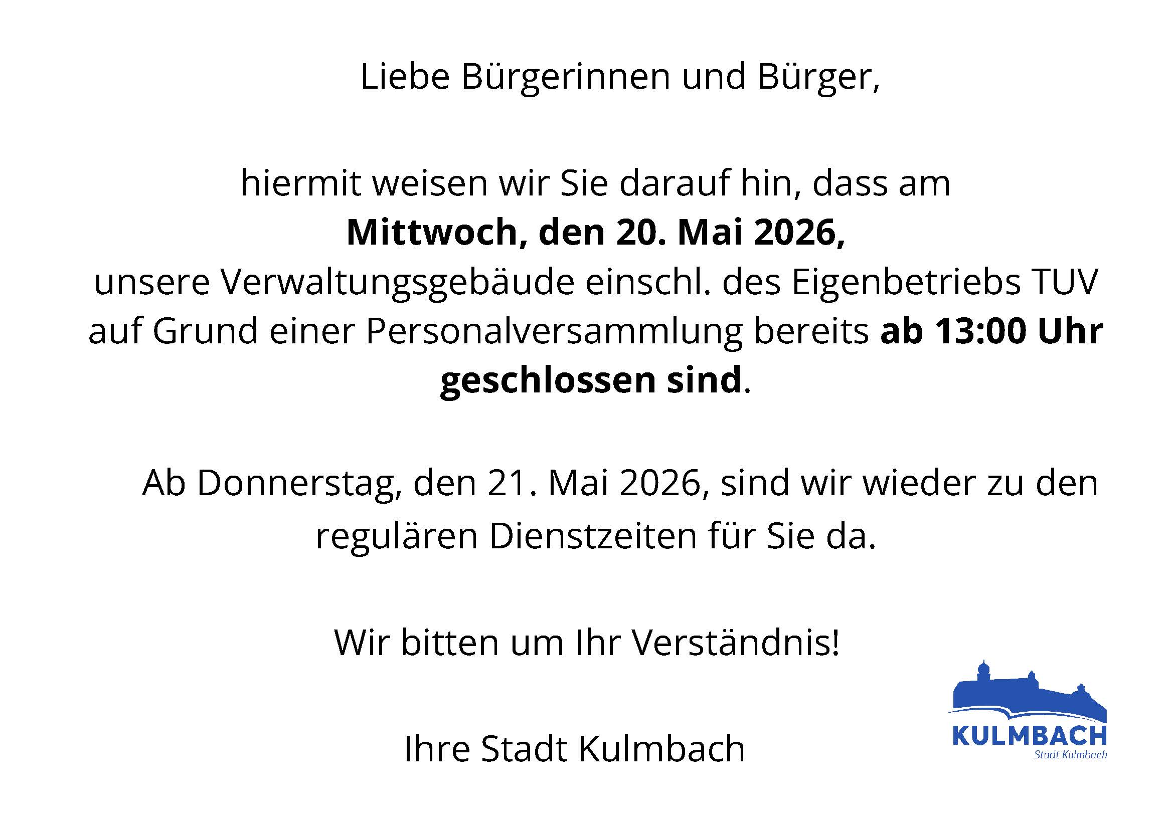 {#Aushang Verwaltung geschlossen wg. Personalversammlung am 20. Mai 2026}
